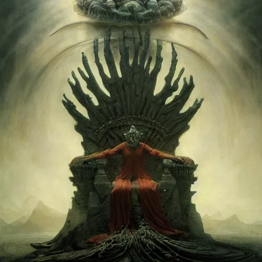 Prompt: the throne of illusion | highly detailed matte painting, hyperrealistic, very intrincate | cinematic lighting, award - winning | by rachel ruysch, giger, beksinski and bocklin | by austin osman spare and william blake, trending on artstation, cgsociety, official art, octane.