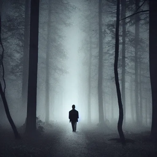 Prompt: God walks alone through the woods at night, gloomy, dark, foggy, night, ominous, dark color, atmospheric, cinematic lighting, intricate detail?