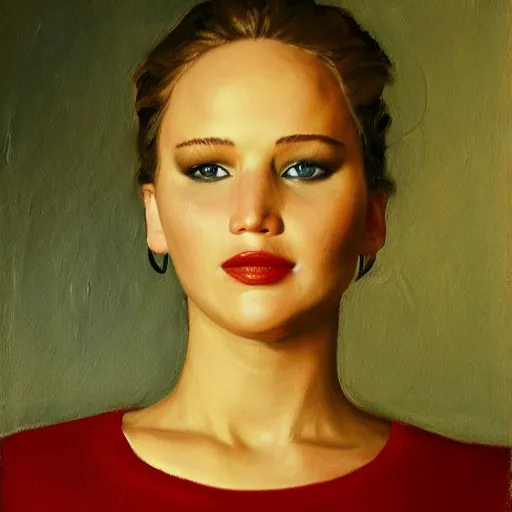 Prompt: Jennifer Lawrence. Oil on canvas by Balthus.