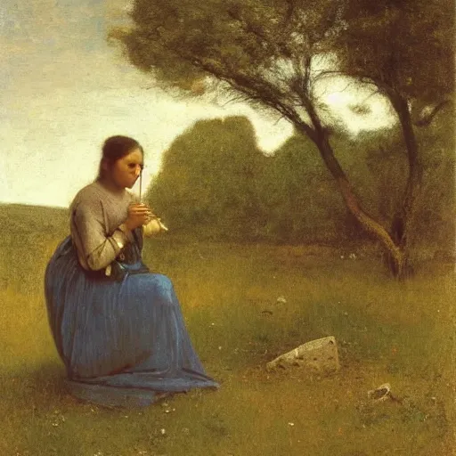 Prompt: by george inness, by giovanni battista gaulli traditional sami art, blue casual. body art. a woman holding a magnifying glass & a rock with a fossil in it. she is looking down at the fossil in concentration.