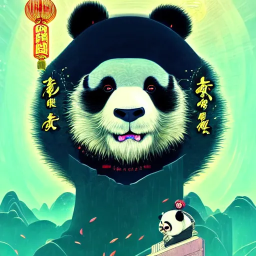 Image similar to a beautiful hyperdetailed character design 4 k wallpaper illustration of a cute panda with a chinese lion dance head victo ngai cyberpunk style, from china, style of studio ghibli, makoto shinkai, raphael lacoste, louis comfort tiffany, artgerm, james jean, ross tran, chinese style