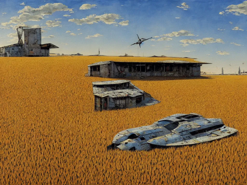 Image similar to A fantastic painting of a dilapidated post-modern building on a wheat field with an abandoned spaceship parked on the roof of the building, by Robert McCall, Trending on artstation, very detailed