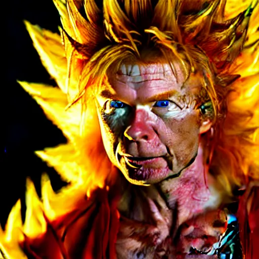 Prompt: uhd candid photo of hyperdetailed dave mustaine as a super saiyan. correct face, intricate costume, cinematic lighting, photo by annie leibowitz, and steve mccurry.