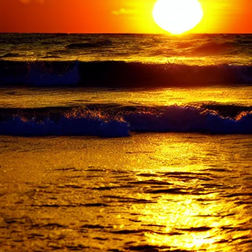 Image similar to sunset on the ocean, water is glowing golden, gold colored glowing water, sun surrounded by blackness, sky completely dark, night sky with stars visible with the sun still on the horizon