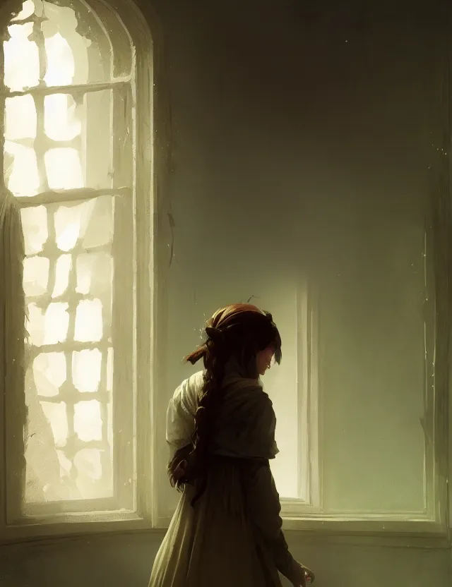 Prompt: the girl at the window, her loose hair, omar ortiz, karl spitzweg, ismail inceoglu, dragan bibin, hans toma, greg rutkowski, wayne forrest, krzysztof lukashevich, perfect face, fine details, centered, rule of thirds, photorealistic shading