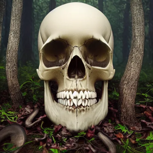 Image similar to photorealistic fantasy portrait of a skull with mushrooms growing out of the eye sockets in the middle of a forest, dynamic lighting, 8k, HD quality