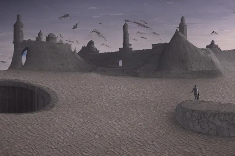 Image similar to a land outside of time and space with floating sands and flying beasts with a Fort in the middle and water tunnels below, a man standing watching over, realistic