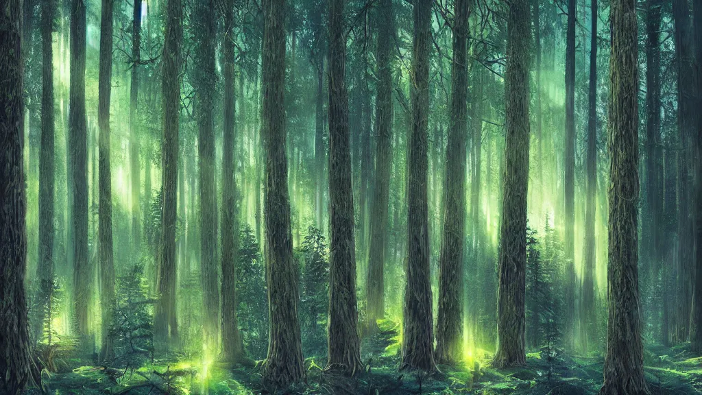 Image similar to portrait of an ethereal evergreen forest made of green and purple light with log cabin made of golden light, divine, cyberspace, mysterious, dark high-contrast concept art