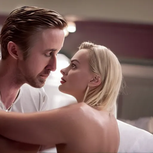 Image similar to still of ryan gosling and margot robbie, in a muet movie