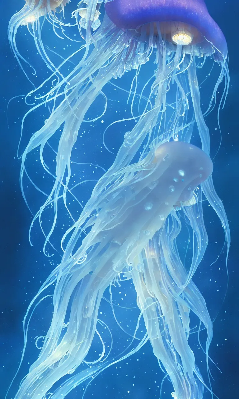 Image similar to detailed jellyfish in space, blue tones, underwater, full frame, highly detailed, digital painting, artstation, concept art, smooth, sharp focus, illustration, art greg rutkowski and alphonse mucha