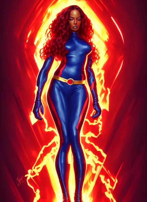 Image similar to full body portrait of marvel cinematic universe aaliyah haughton, x - men, jean grey, elegant, fire, phoenix, rippling electromagnetic, highly detailed!! digital painting, artstation, glamor pose, concept art, sharp focus, illustration, art by artgerm and greg rutkowski, artey freytag