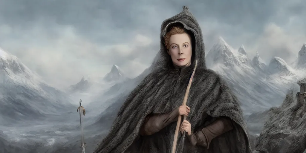 Prompt: a highly detailed matte painting of deborah kerr in a hooded fur cloak and carrying a staff, mountain background, uhd, 8 k, concept art, trending on artstation