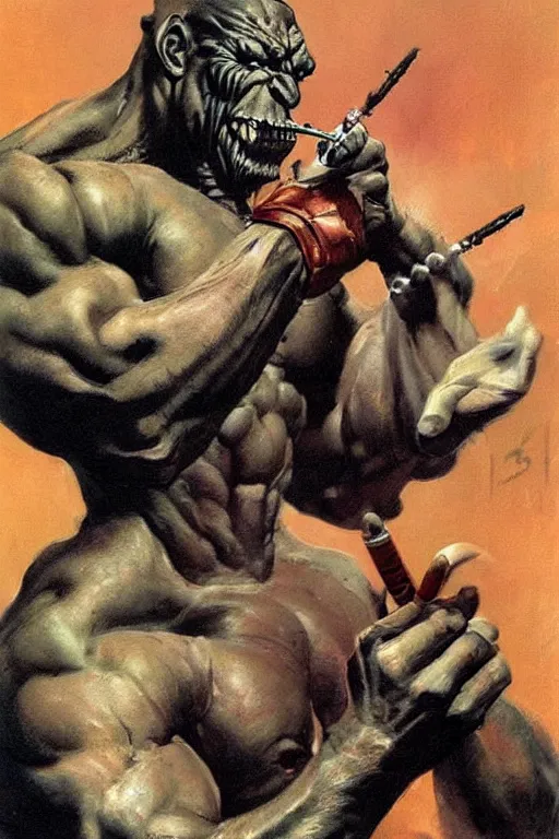 Prompt: A muscular demon smoking a cigar in a cyberpunk setting, by Frank Frazetta, Trending on Artstation, highly detailed,