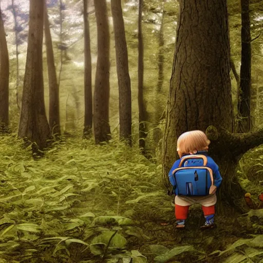 Image similar to little boy with a backpack in a forest, in the style of mcbess