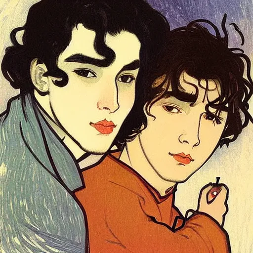 Image similar to painting of young cute handsome beautiful dark medium wavy hair man in his 2 0 s named shadow taehyung and cute handsome beautiful min - jun together at the halloween! party, bubbling cauldron!, candles!, smoke, autumn! colors, elegant, wearing suits!, clothes!, delicate facial features, art by alphonse mucha, vincent van gogh, egon schiele