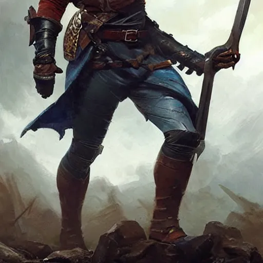 Image similar to Ranger marching toward the viewer, male, muscular, blue eyes!!!!, straight nose!!!, detailed face, exposed thighs!!!, fantasy, medieval, highly detailed, painting by greg rutkowski