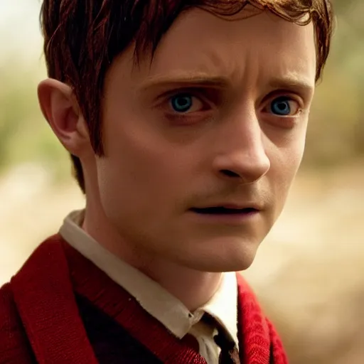 Image similar to Film Still of a elijah wood playing Harry Potter, Film Still, realistic, hyperrealistic, very realistic, very very realistic, highly detailed, very detailed, extremely detailed, detailed, detailed face, very detailed face, very detailed face, realism, HD Quality, 8k resolution, intricate details, body and head in frame, Real Life