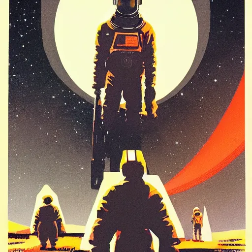 Image similar to Stanley Kubrick, 2001: A Space Odyssey by Ashley Wood and Mike Mignola and Drew Struzan, artstation, 60's French sci-fi poster, 4K detailed post processing, footage