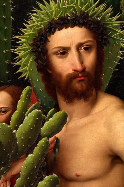 Image similar to renaissance painting of evil men, portrait, face closeup, emotions closeup, dressed in spartan armour, the beautiful garden with cactus bush everywhere, ultra detailed, art by guido reni style, vincenzo catena style