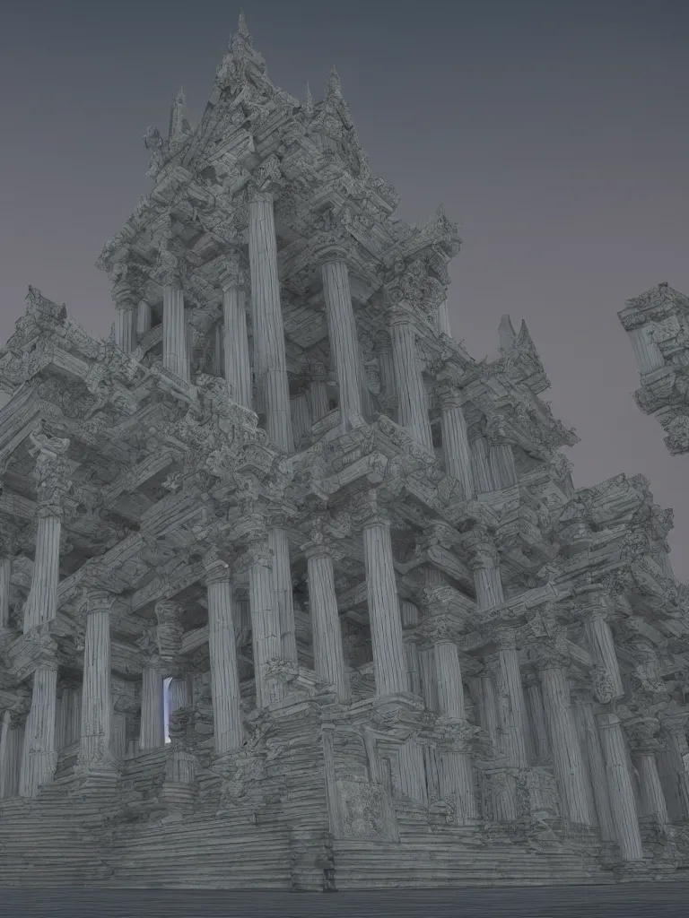 Image similar to High quality render of temple of sorrows, 8K, symmetry, volumetric lightning