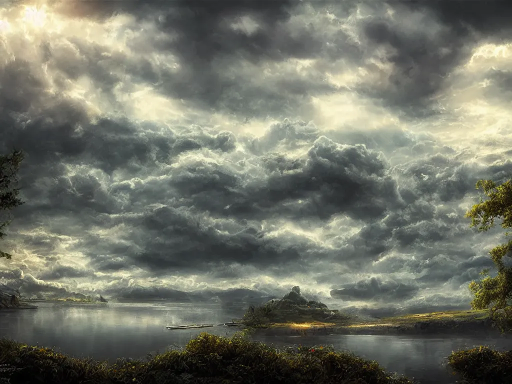 Prompt: a cinematic landscape view over a lakeside, the sun shines through the parted clouds, digital painting, fantasy, art by alexandre mahboubi and christophe oliver