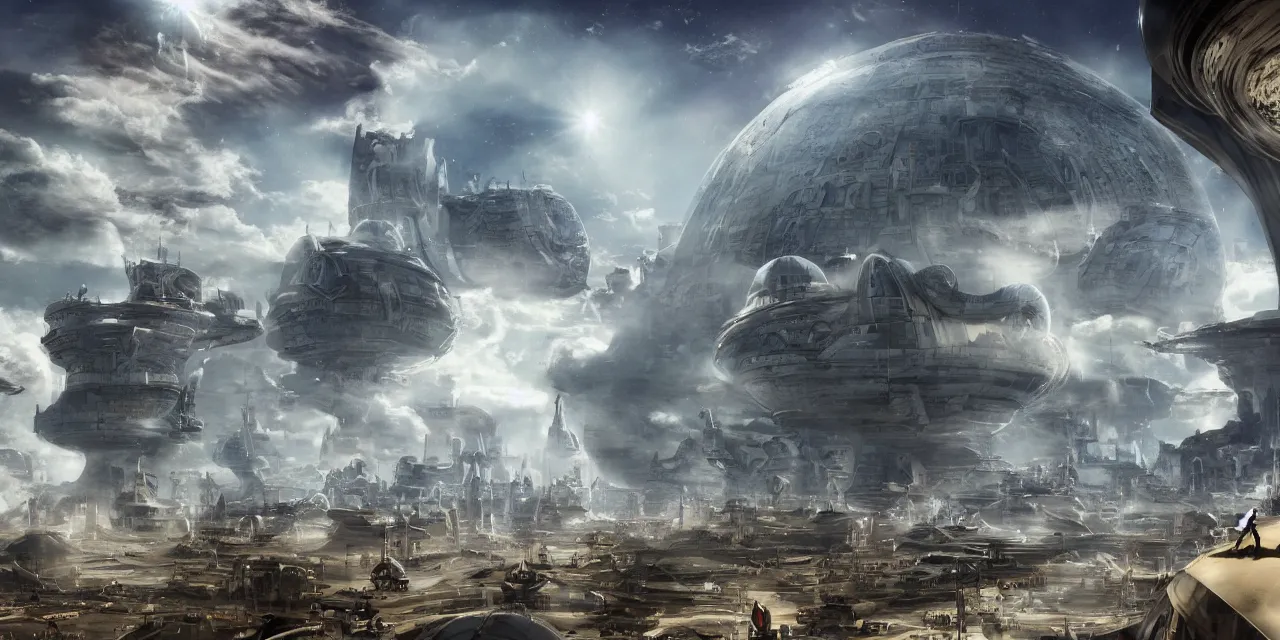 Prompt: the cloud city was a sight to behold for the weary travelers, sci fi fantasy, pirates meet cowboys