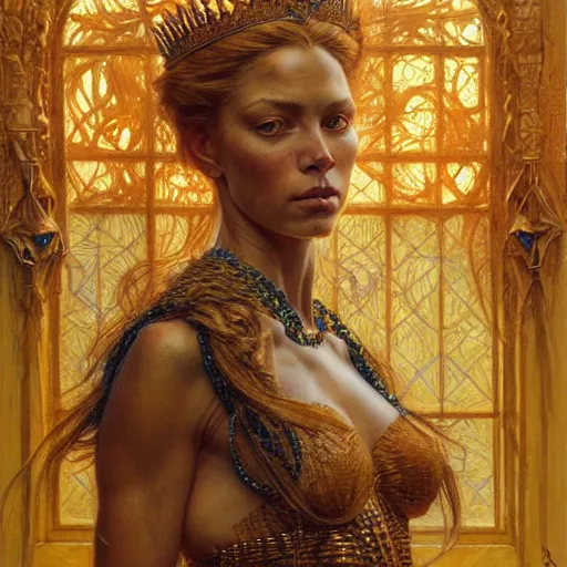 Image similar to highly detailed portrait of a majestic lioness queen in the form of a beautiful woman. d & d, art by donato giancola and ruan jia and carl larsson and magali villeneuve. trending on artstation, intricate details, energetic composition, golden ratio, concept art, illustration, elegant art