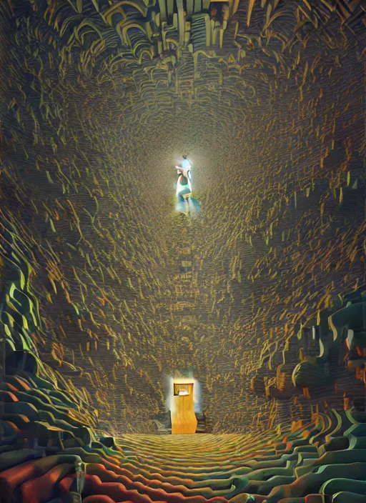 Image similar to hyper detailed 3d render like an Oil painting - Mark Zuckerberg lost in virtual reality by Jacek Yerka, Mariusz Lewandowski, Houdini algorithmic generative render, Abstract brush strokes, Masterpiece, Edward Hopper and James Gilleard, Zdzislaw Beksinski, Mark Ryden, Wolfgang Lettl, hints of Yayoi Kasuma, octane render, 8k