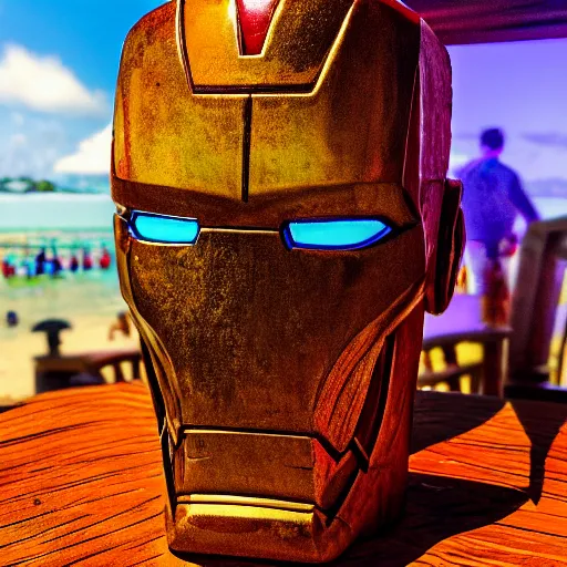 Image similar to a closeup photorealistic photograph of an iron man style tiki mug at a trader vic's beach bar featuring the face of iron man. tiki party. bright scene. fine detail. this 4 k hd image is trending on artstation, featured on behance, well - rendered, extra crisp, features intricate detail, epic composition and the style of unreal engine.