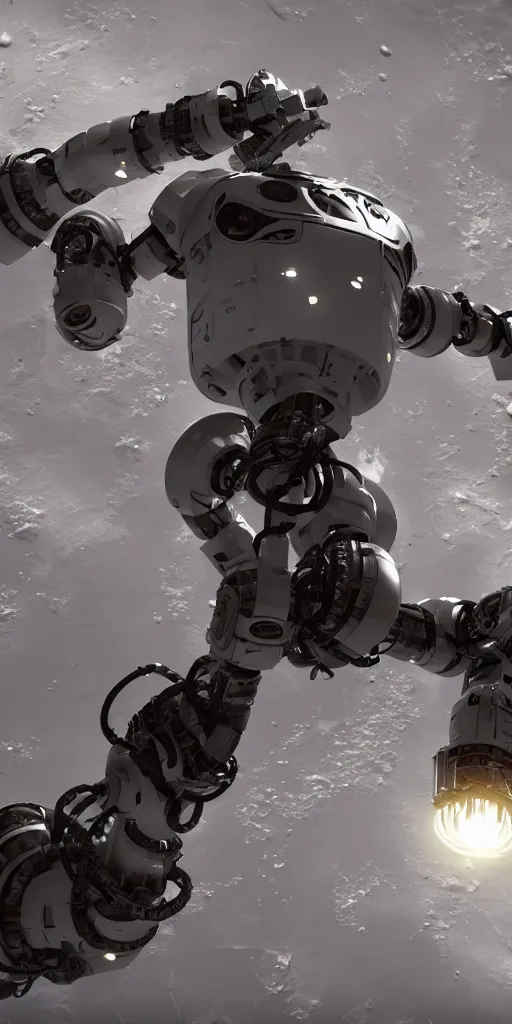 Prompt: concept art, robot stretching out mechanical arm to recover debris in space, octane rendering, unreal engine.