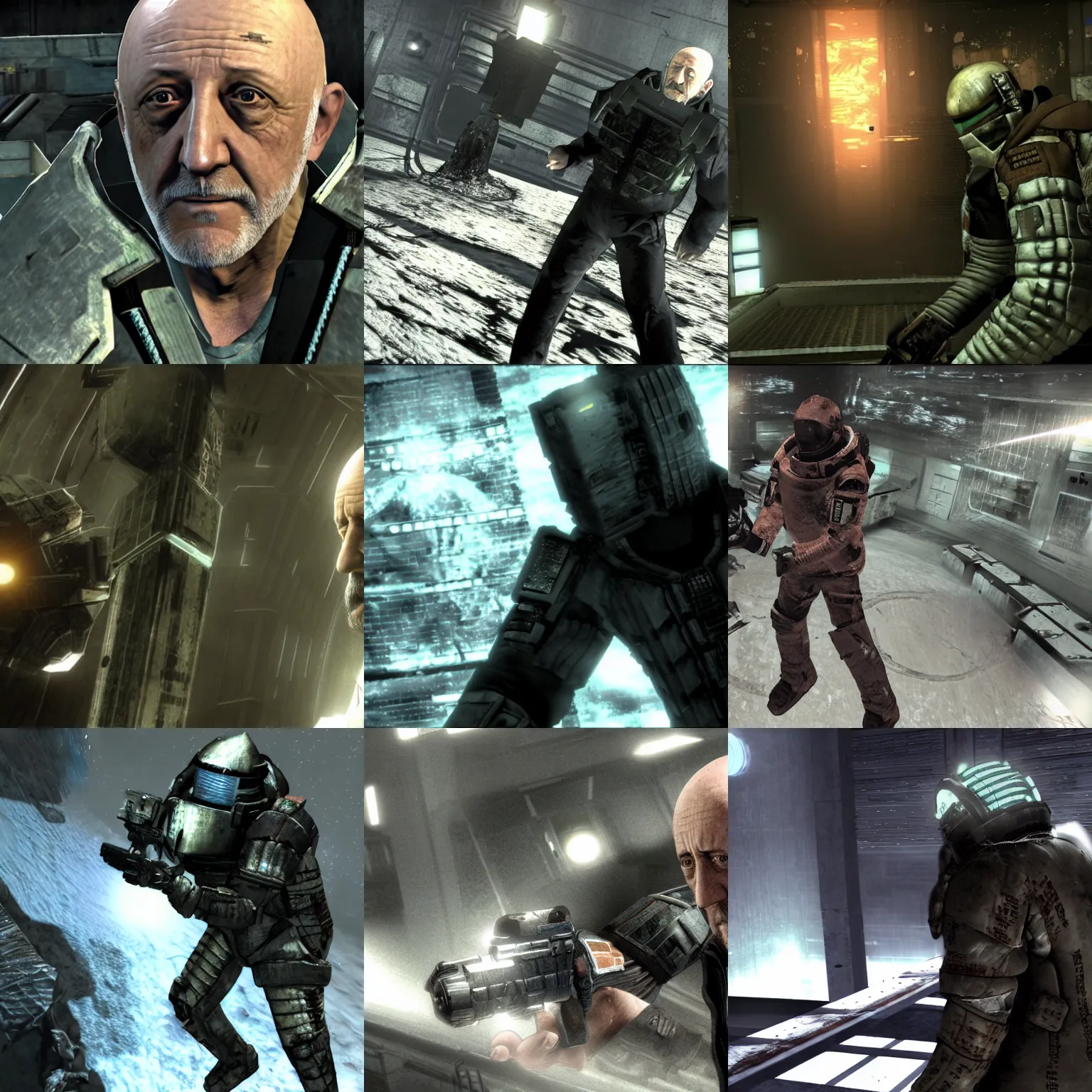 Prompt: mike ehrmantraut in dead space, exploring the usg ishimura