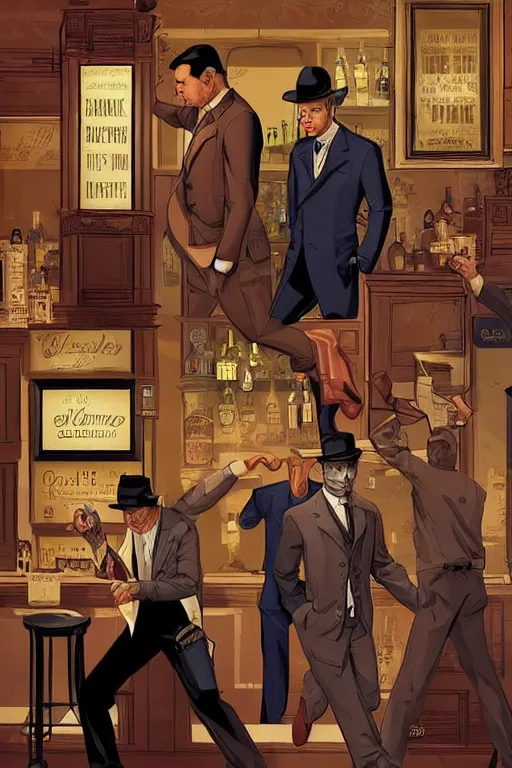 Prompt: Handsome hard-boiled detective enters a bar, everyone looks as the detective enters the bar, Victorian bar interior, dim lights and smoke from cigars, by Patrick Rosche and Tomer Hanuka, clean, intricate, elegant, highly detailed, digital painting, artstation, comic art, smooth, sharp focus, illustration, masterpiece art by artgerm and greg rutkowski and alphonse mucha