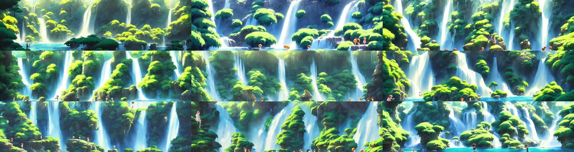 Prompt: a wholesome animation key shot of a sunny waterfall panorama, studio ghibli, pixar and disney animation, sharp, rendered in gouache painting, anime gouache key art by greg rutkowski, bloom, dramatic, dynamic lighting