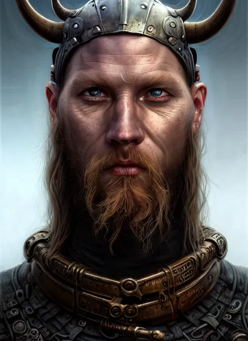 Image similar to closeup portrait shot of a cyberpunk viking in a scenic dystopian environment, intricate, elegant, highly detailed, centered, digital painting, artstation, concept art, smooth, sharp focus, illustration, artgerm, tomasz alen kopera, peter mohrbacher, donato giancola, joseph christian leyendecker, wlop, boris vallejo