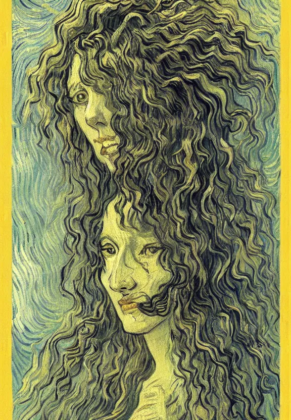 Image similar to perfectly centered portrait front view of a beautiful biomechanical moon goddess, flowing hair, intense stare, sweet sarcastic smile, symmetrical, concept art, intricate detail, volumetric shadows and lighting, realistic oil painting by van gogh, gustave dore,