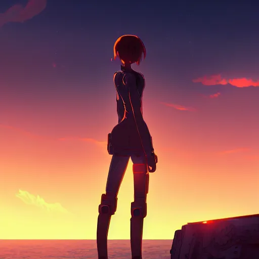 Image similar to A cyborg girl standing on the hill looking at the sea with a sunset in style of Makoto Shinkai and Cyberpunk. ArtStation, 8K, Highly Detailed, Intricate, Album Art.