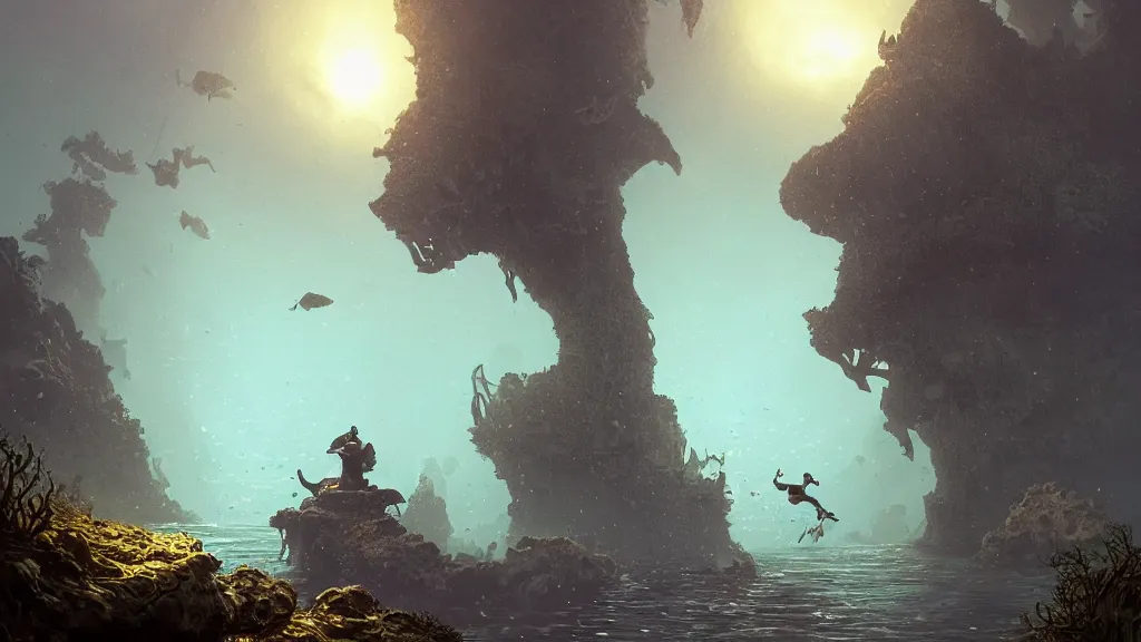 Image similar to A diver is under the sea, he has a treasure with him, he is swimming away from the giant Nessie that is behind hunting him, this is an extravagant planet with wacky wildlife and some mythical animals, the background is full of ancient ruins, the ambient is dark with a terrifying atmosphere, by Jordan Grimmer digital art, trending on Artstation,