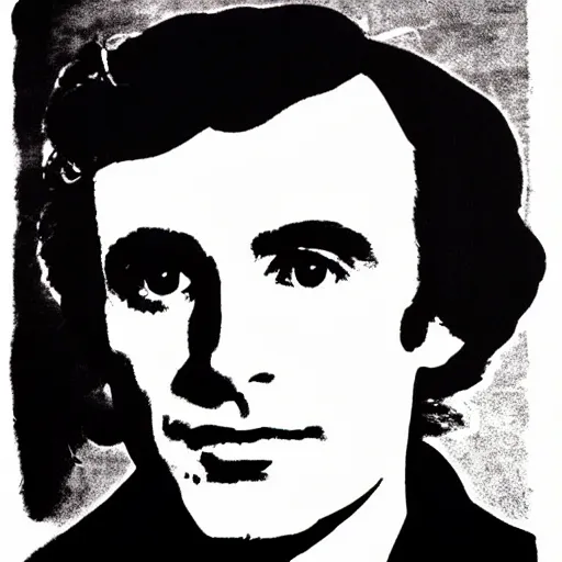Prompt: individual silk screen portrait of ted bundy by andy warhol