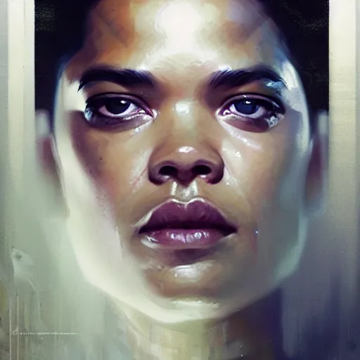 Image similar to tessa thompson, hyperrealistic portrait, bladerunner street, art of elysium by jeremy mann and alphonse mucha, fantasy art, photo realistic, dynamic lighting, artstation, poster, volumetric lighting, very detailed face, 4 k, award winning