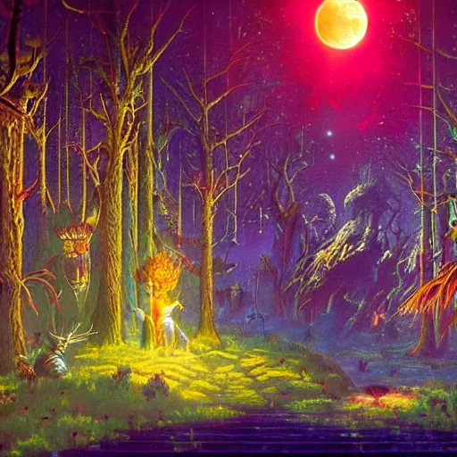 Image similar to moonlight forest in the silver serenade connects to the laced transmission symphony of the celestial psylocibin by ron walotsky and paul lehr