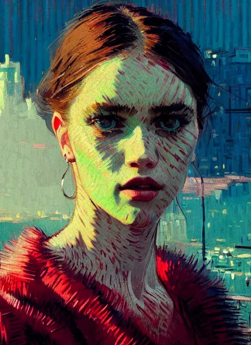 Image similar to portrait of a beautiful girl, new york backdrop, sad, sunset shades, beautiful face, rule of thirds, intricate outfit, spotlight, by greg rutkowski, by jeremy mann, by francoise nielly, by van gogh, digital painting