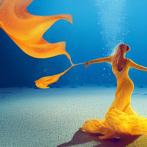 Image similar to woman dancing underwater wearing a long flowing dress made of yellow and red wire, coral sea bottom, swirling schools of silver fish, swirling smoke shapes, octane render, caustics lighting from above, cinematic, hyperdetailed