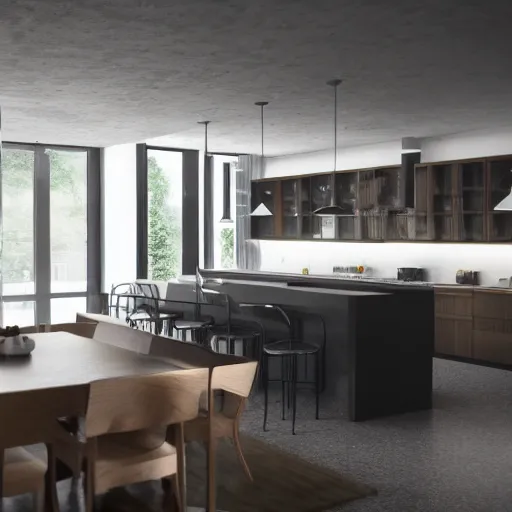 Image similar to brutalist house kitchen interior design ominous dark powerful giant open space high quality furniture octane render