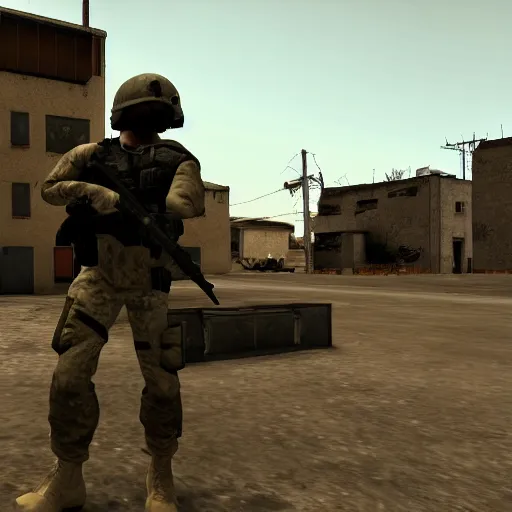 Prompt: us military forces deploying on Counter Strike 1.6 map de_dust2, cinematic, aereal wide shot, grunge, very detailed 4k