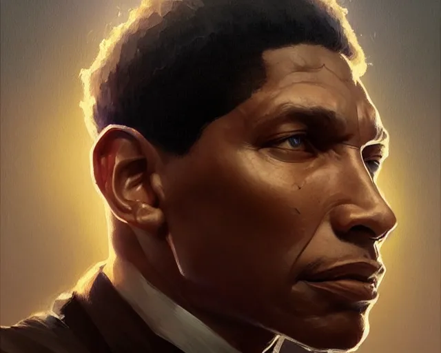 Image similar to mindblowing portrait of medgar evers, deep focus, beautiful, highly detailed, digital painting, artstation, concept art, matte, sharp, illustration, hearthstone, art by artgerm and greg rutkowski and alphonse mucha