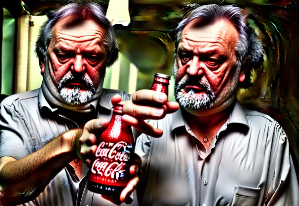 Prompt: hdr photo of slavoj zizec discussing how a coca - cola bottle is ideology, hd, sharp focus, dramatic lighting, sniffing his finger, cinematic composition