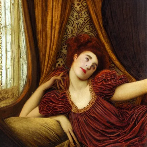 Prompt: preraphaelite photography reclining on bed, large downslanted eyes, large lips, big brown fringe, yellow ochre ornate medieval dress, charles sillem lidderdale, william morris, 4 k