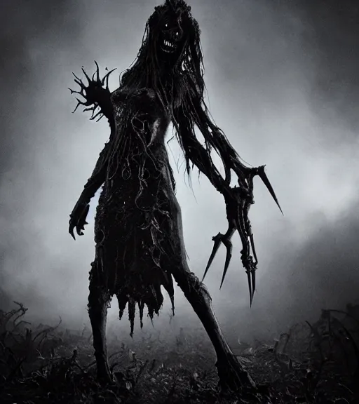 Image similar to gothic necrolord female with zombie servents, nikon photography resolution quality, liminal eerie midnight backlit, a picture taken by Michael Komarck and Daniel Ljunggren