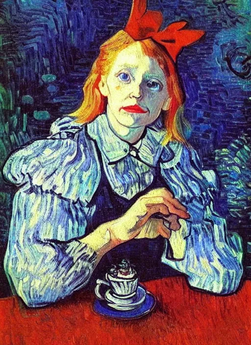 Image similar to lifelike oil painting portrait of alice in wonderland by van gogh