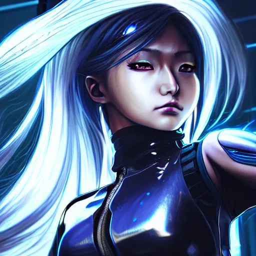 Image similar to An epic comic hyperrealistic anime painting of a cyber warrrior girl wearing futuristic wardrobe, black and silver, ultradetailed face expression trending on artstation and artbreeder, cyberpunk 2077 color, heavy rainning at tokyo street night, neon ligh, DAZ, 8k, unreal 5 engine render, cosplay, RPG portrait, final fantasy Vll world concept, dramatic lighting, rim lights, PS5 render quality